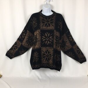80's Christmas Sweater Black & Metallic Copper Snowflakes Acrylic Knit Fits XL